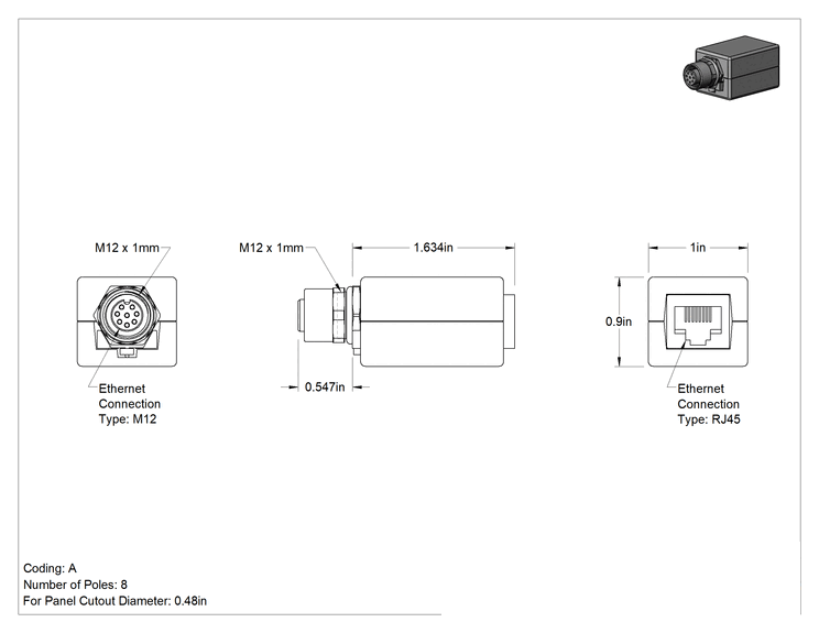 Teknik Çizim - Mikro M12 Vidalı Ethernet Konektörleri, Adaptör, A-Kodlu Dişi x RJ45 Dişi