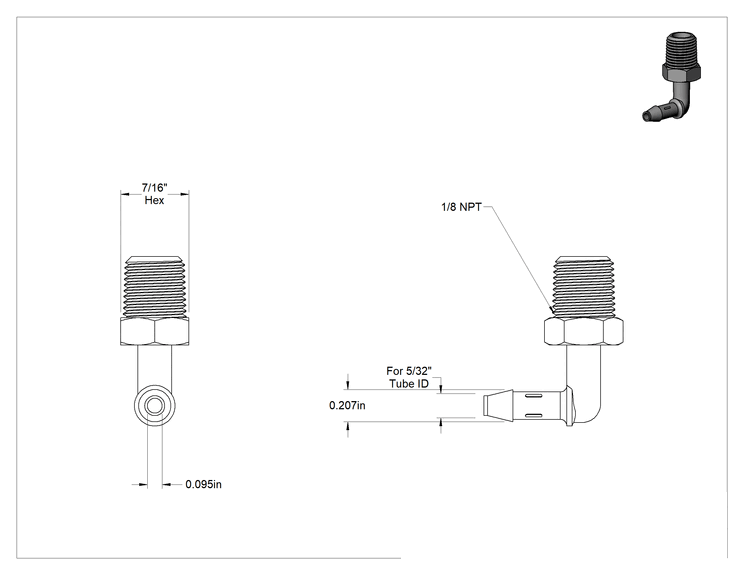 Teknik Çizim - Kimyasallarla Kullanım için Tırnaklı Bağlantı Parçası, Dirsek, 5/32" boru iç çapı x 1/8 NPT erkek için