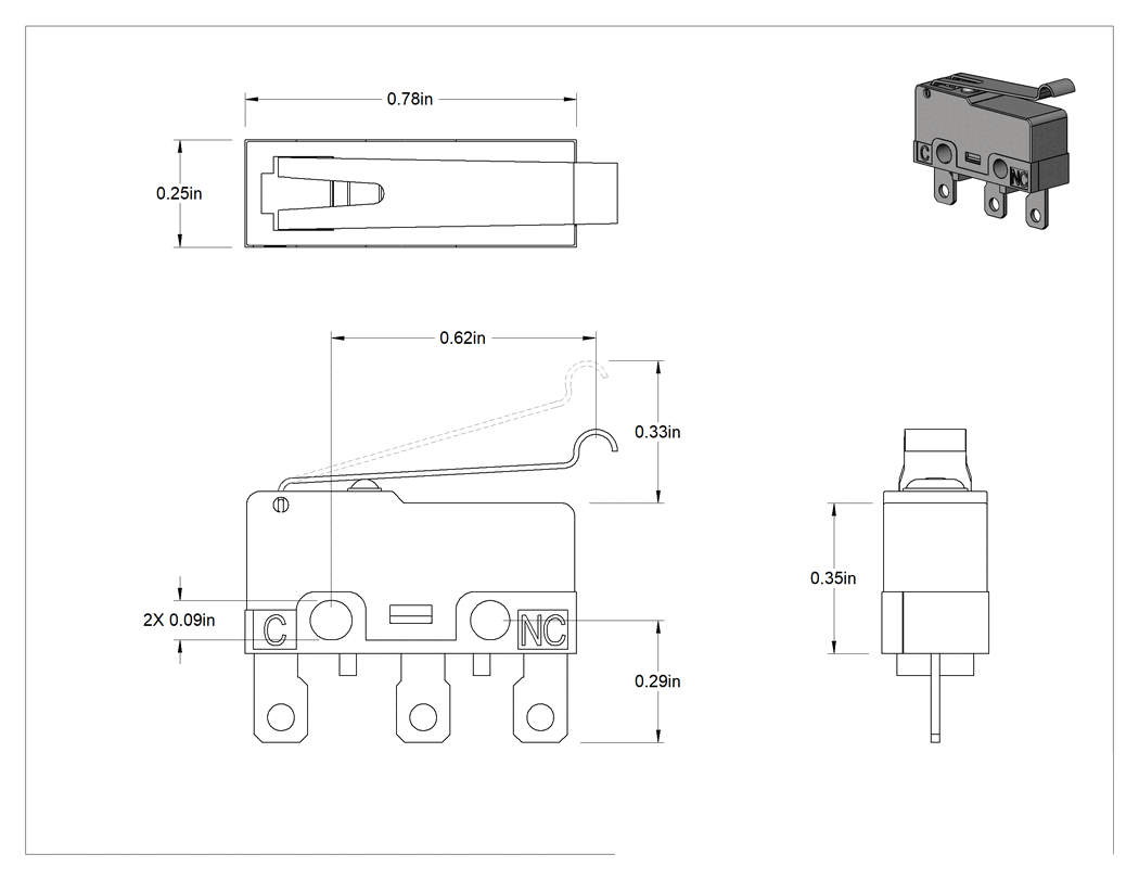 Teknik Çizim - Subminyatür Anında Çalışan Anahtar, Simüle Edilmiş Makaralı Kol, Tırnaklı Terminaller, 0.1A@125V AC