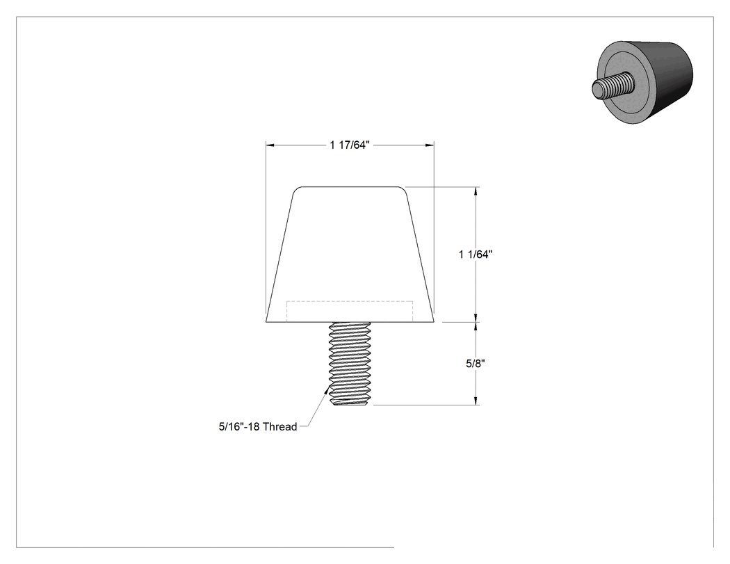 Teknik Çizim - Yük Kapasiteli Güçlendirilmiş Buna-N Dişli Tampon, Çelik Taban Plakalı ve 5/8" Uzun 5/16"-18 Saplama, 200 lbs. Maksimum