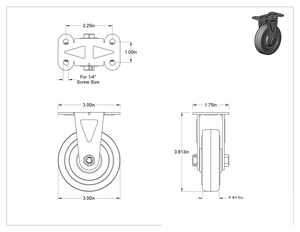 Teknik Çizim - 3" x 1-3/4" Plakalı Mighty-Lite Tekerlek, 3 inç Çapında 70A Durometreli Kauçuk Tekerlekli Sert