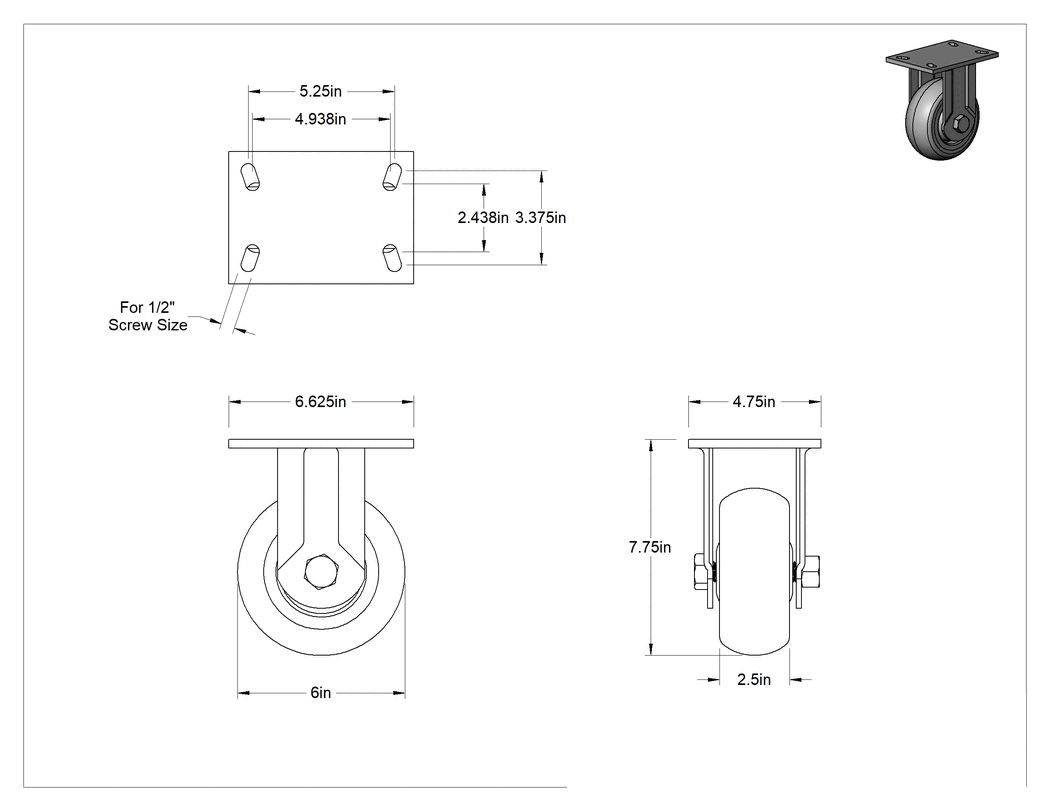 Teknik Çizim - 6-5/8" x 4-3/4" Plakalı Kolay Dönen Tekerlek, Yüksek Kapasiteli, 6 inç Çapında Gri Poliüretan Tekerlekli Sert