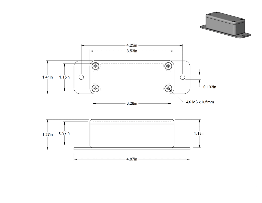 Teknik Çizim - Kaldırılabilir Kapaklı Alüminyum Su Geçirmez Muhafaza, 1-1/2" Genişlik x 3-3/4" Yükseklik x 1-1/4" Derinlik