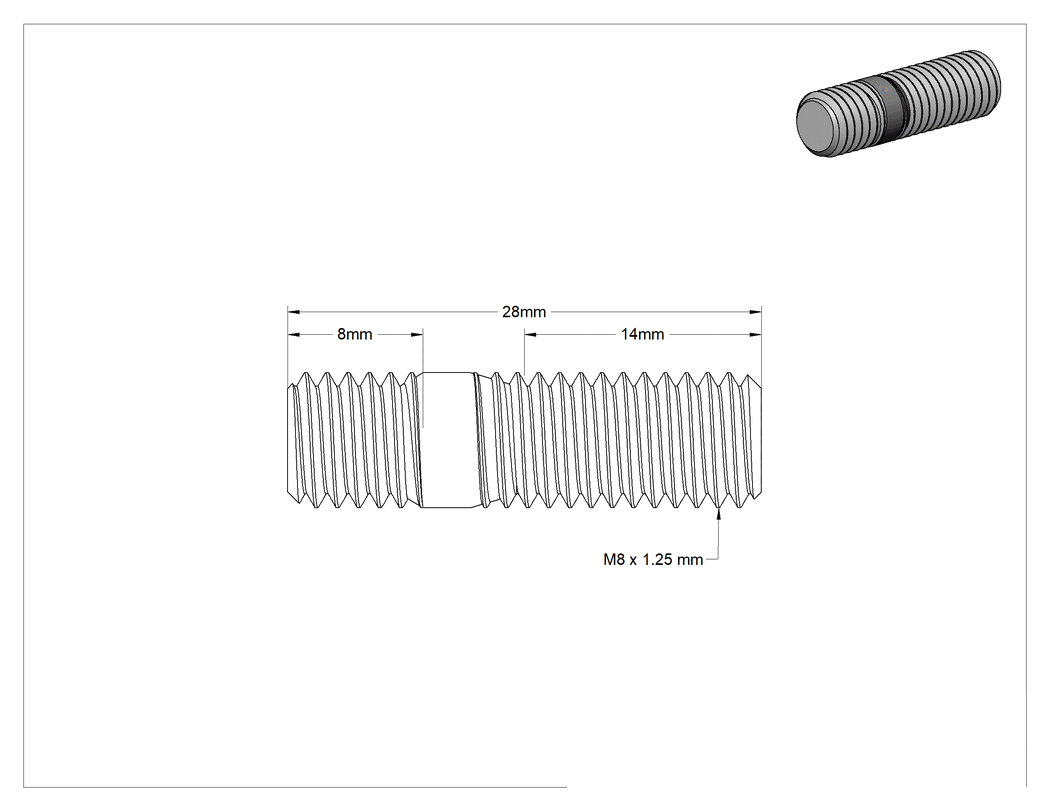 Teknik Çizim - Her İki Ucu Dişli Kurulum Saplaması, Çelik, M8 x 1.25 mm Boyut, 14 mm ve 8 mm Diş Uzunlukları, 28 mm Uzunluk