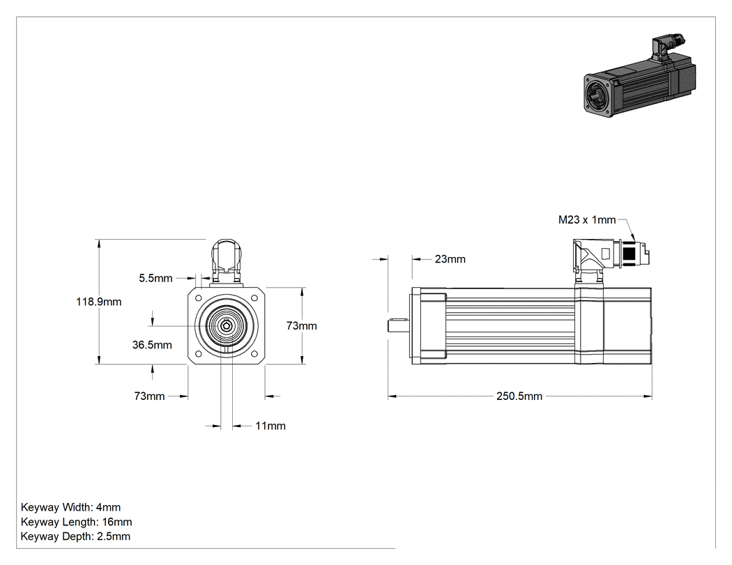 Teknik Çizim - AC Servo Motor, 230V AC, 73 mm Çerçeve Boyutu, 65.5 inç-lb. Maksimum Tork