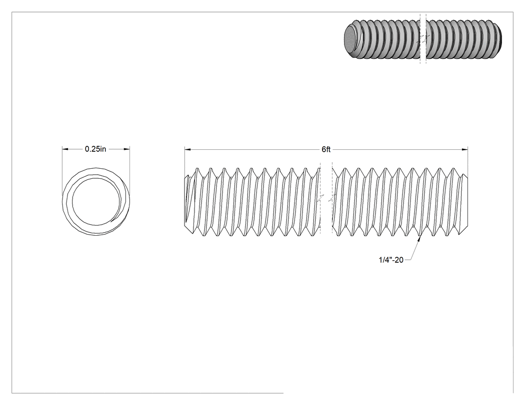 Teknik Çizim - Düşük Mukavemetli Çelik Sol Gijon, 1/4"-20 Diş Boyutu, 6 Fit Uzunluk