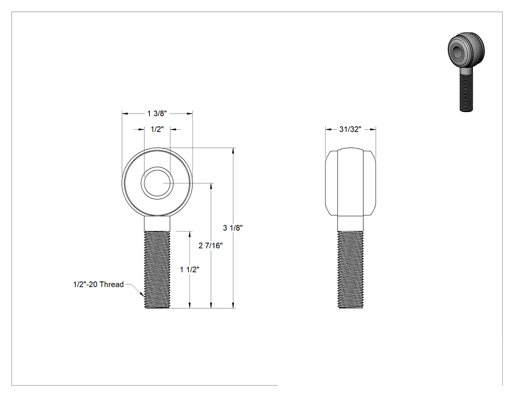 Teknik Çizim - Titreşim Sönümleyici Çubuk Ucu Cıvatası, Sağ Yönlü Şaft, 1/2"-20 Diş