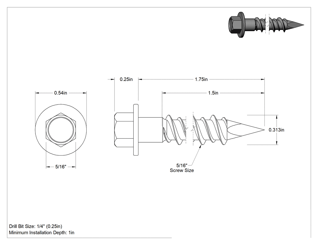 Teknik Çizim - Duvar ve Beton için Diş Açan Vida, Altıköşe Başlık, Gümüş Kaplı Çelik, 5/16" Vida Boyutu, 1-3/4" Uzunluk
