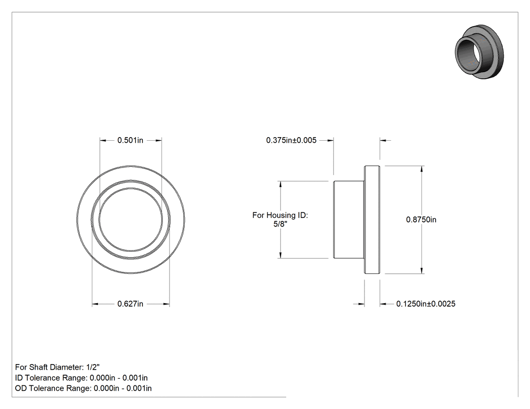 Teknik Çizim - Yağ Dolgulu 841 Bronz Flanşlı Burçlu Yatak, 1/2" Mil Çapı ve 5/8" Muhafaza İç Çapı için, 3/8" Uzunluk