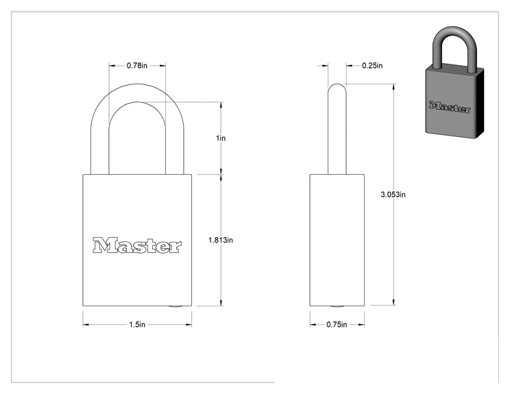 Teknik Çizim - Masif Eloksallı Alüminyum Kilitli Asma Kilit, Ana Anahtarlı, American Lock 1105, Yeşil Gövde