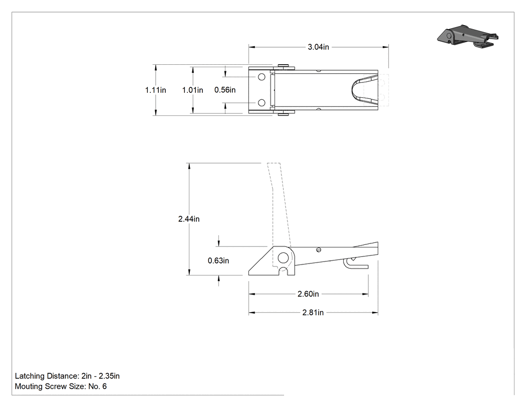 Teknik Çizim - Ayarlanabilir Tutamaklı Çekme Mandalı, Çinko Kaplı Çelik, 3-1/16" Uzunluk x 1-1/8" Genişlik, 200 lb. Kapasite