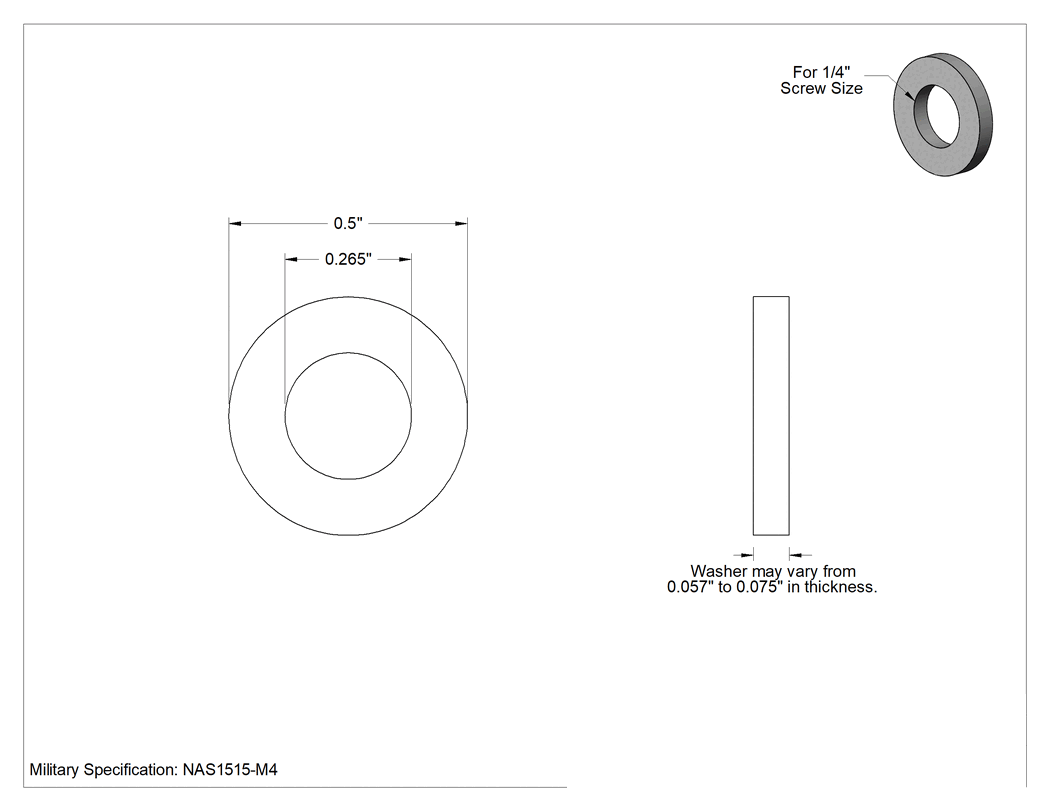 Teknik Çizim - Mil. Spec. Plastik Pul, 1/4" Vida Boyutu için Kimyasallara Dayanıklı PTFE, NAS1515-M4