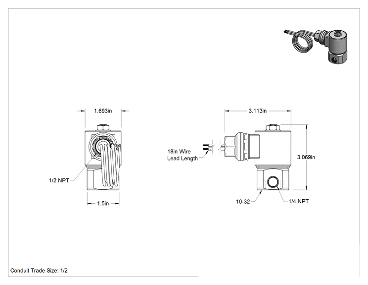 Teknik Çizim - 303 Paslanmaz Çelik Gövdeli Kompakt Solenoid Açma/Kapama Vanası, 1/4 NPT Dişi, 24 V DC Gerilim, 0.06 Cv