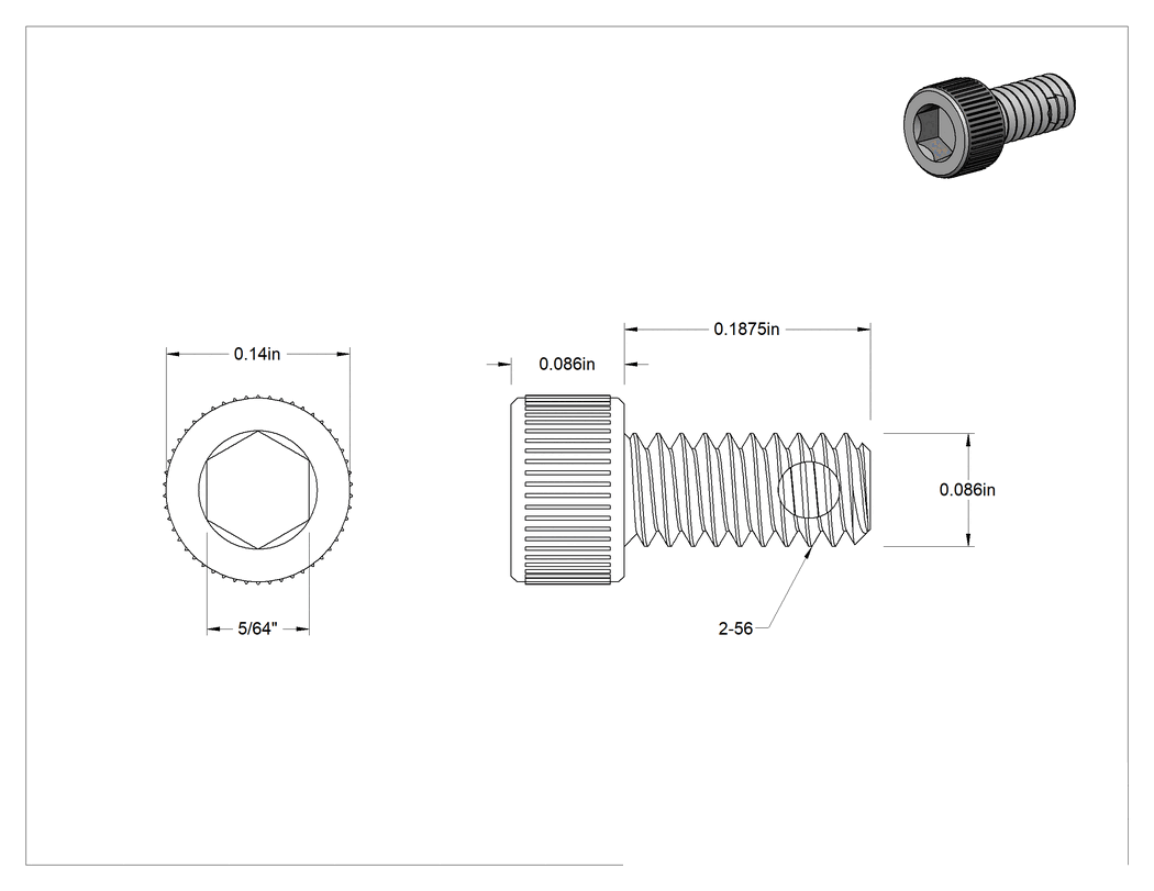 Teknik Çizim - 18-8 Paslanmaz Çelik Diş Kilitlemeli Alyan Başlı Vida, 2-56 Diş Boyutu, 3/16" Uzunluk
