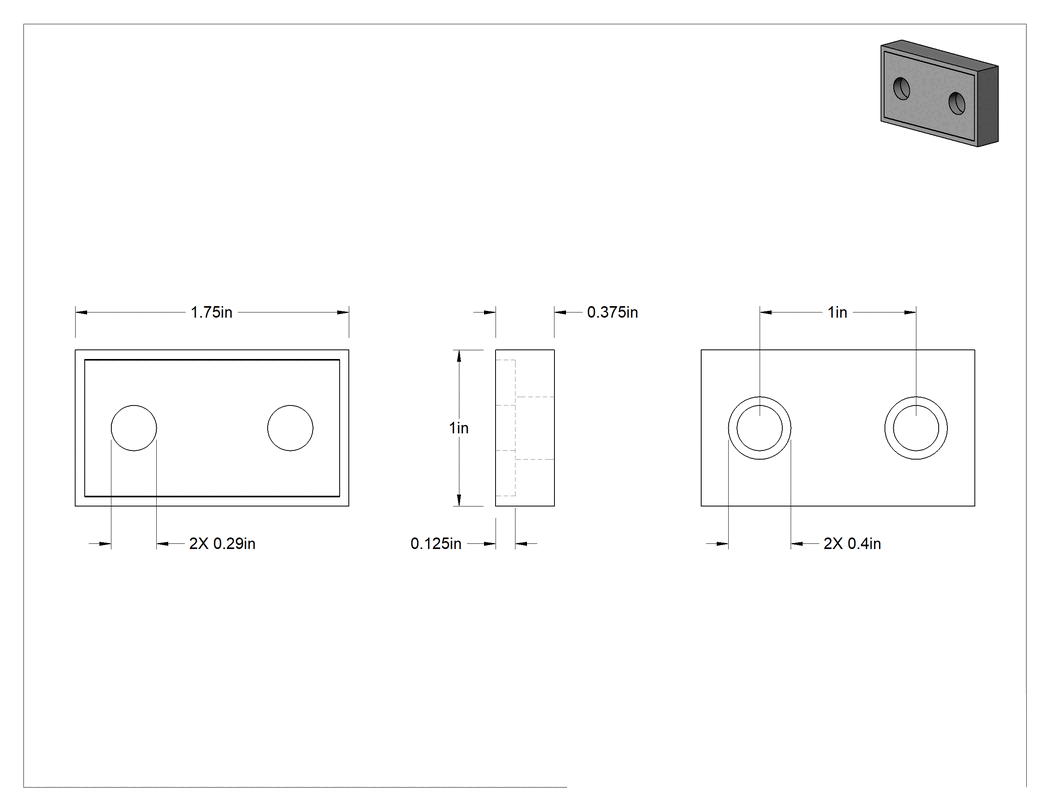 Teknik Çizim - Güçlendirilmiş Poliüretan Dişsiz Delikli Tampon, 1-3/4" Uzunluk, 1" Genişlik, 3/8" Yükseklik, Durometre 60A