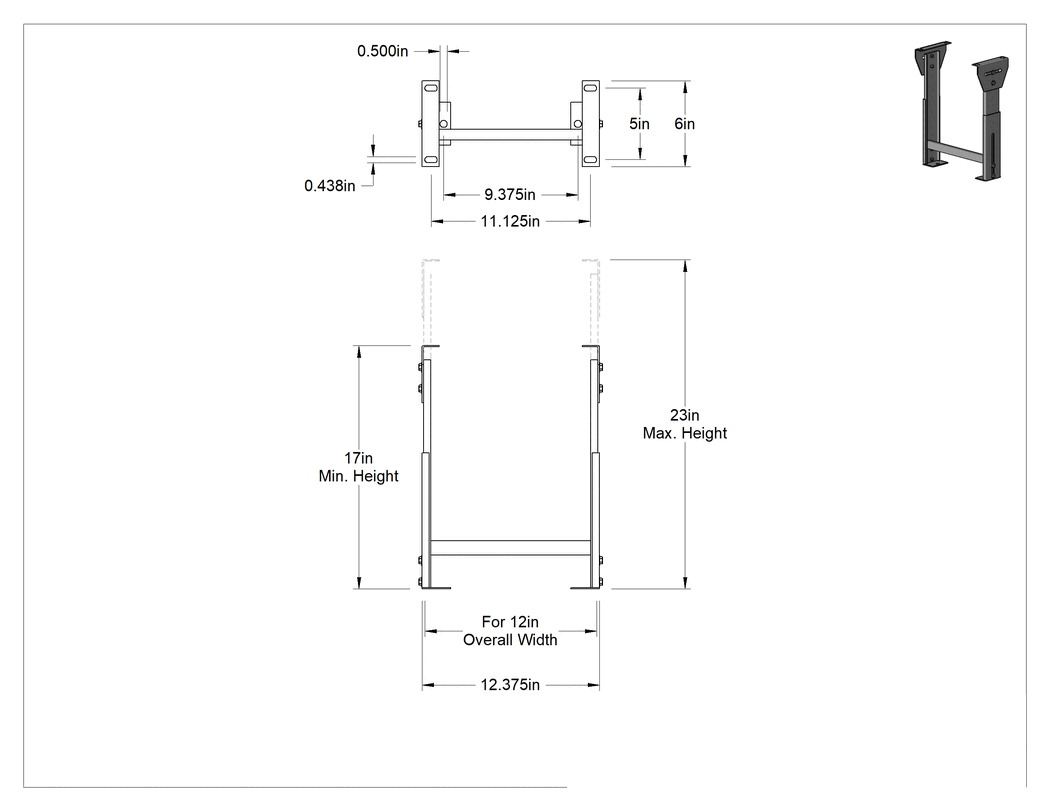 Teknik Çizim - Paslanmaz Çelik Konveyör Standı, 12" Toplam Genişlik için, 17" ila 23" Ayarlanabilir Yükseklik