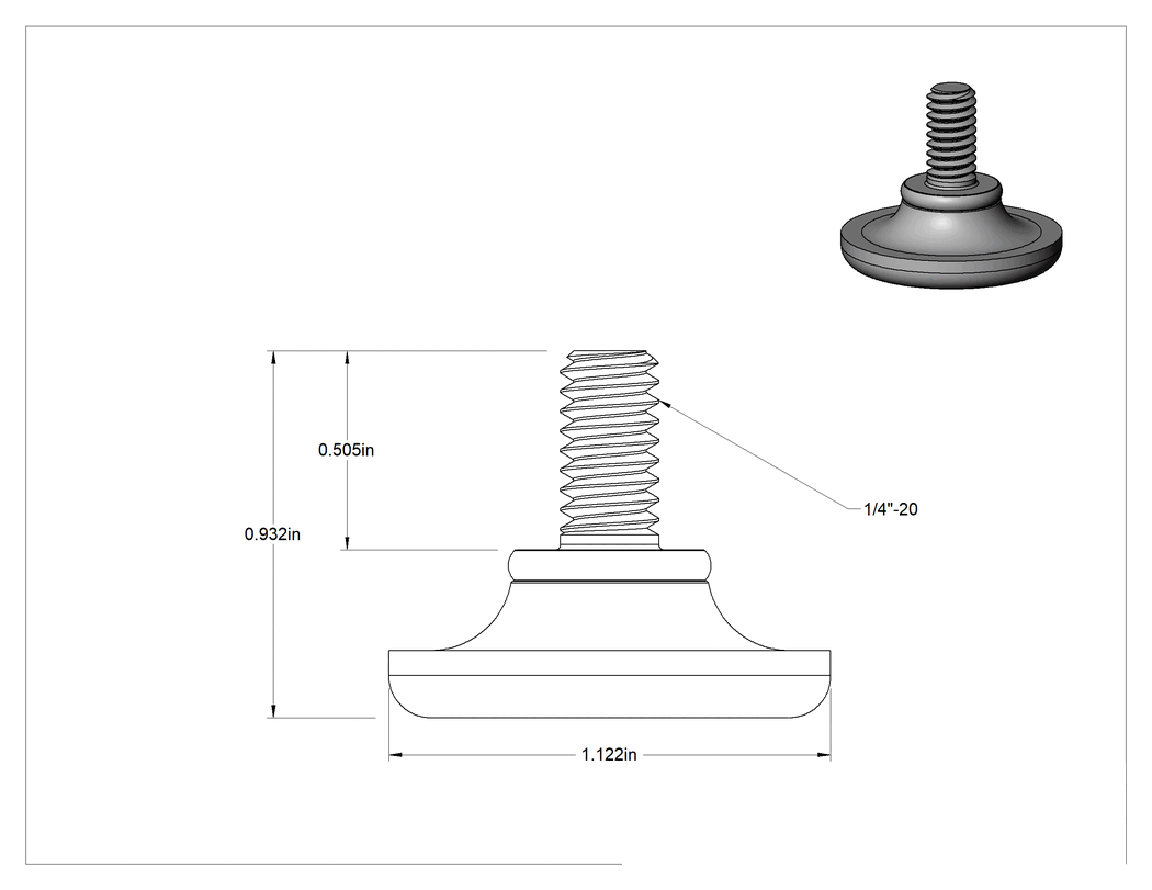 Teknik Çizim - Plastik Ayaklar, 1/2" Uzunlukta 1/4"-20 Çinko Kaplı Çelik Saplama