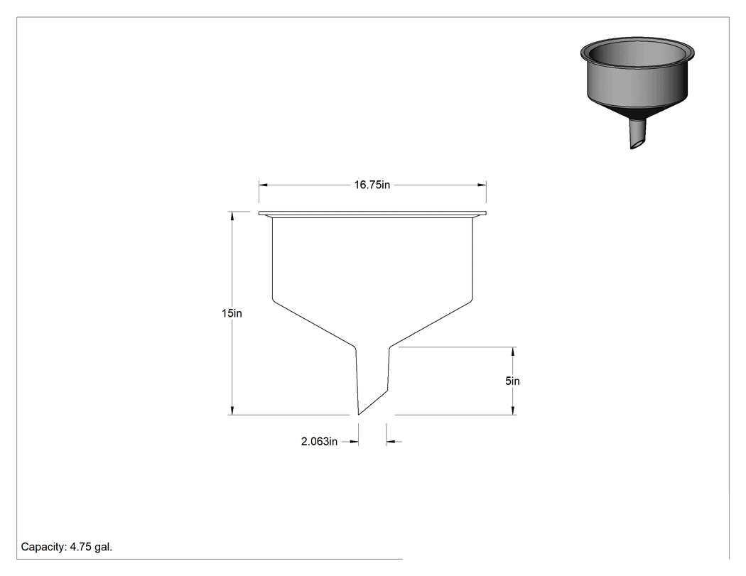 Teknik Çizim - Kapalı Başlıklı Variller için Huni, 4-3/4 Galon Kapasite
