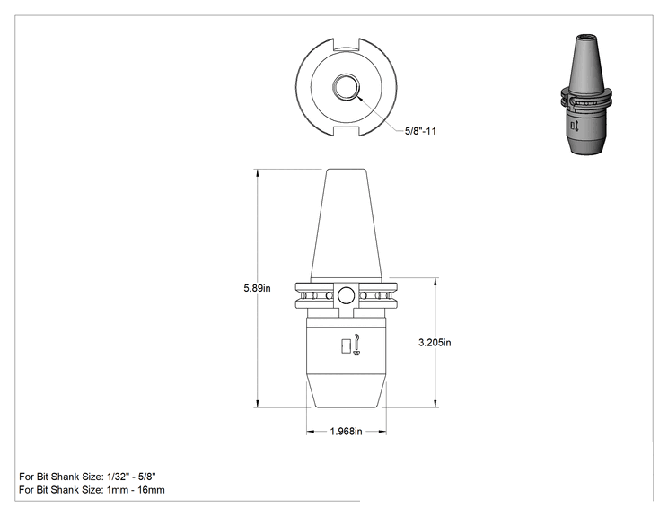 Teknik Çizim - Cat Konik Entegre Milli Matkap Mandreni, Anahtarlı, Cat 40 Konik, 1/32" ila 5/8" Uç Şaft Boyutu için
