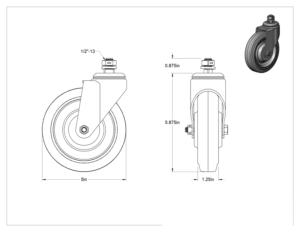 Teknik Çizim - Dişli Saplı Tekerlek, 1/2"-13 Diş x 7/8" Uzunlukta Mil ve 5" Çapında Poliüretan Tekerlek