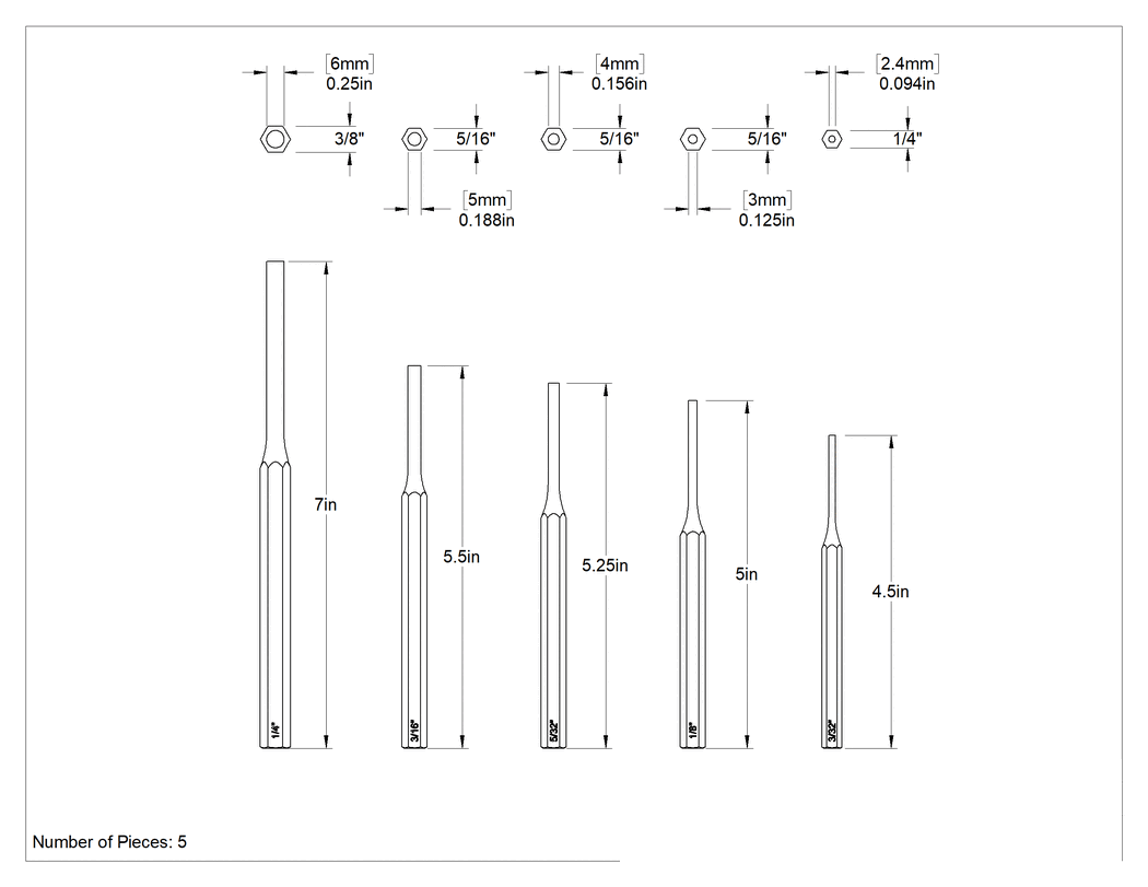 Teknik Çizim - Altıgen Saplı Pim Çıkarma Zımba Seti, 5 Parça, 1/8", 3/32", 1/8", 5/32" ve 3/16" Pim Çapı