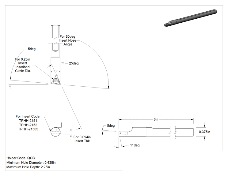 Teknik Çizim - Delik Açma Karbür Uç Tutucu, Kod Qcbi, Sağ Yönlü, 3/8" Şaft Çapı, 3/32" uç kalınlığı için