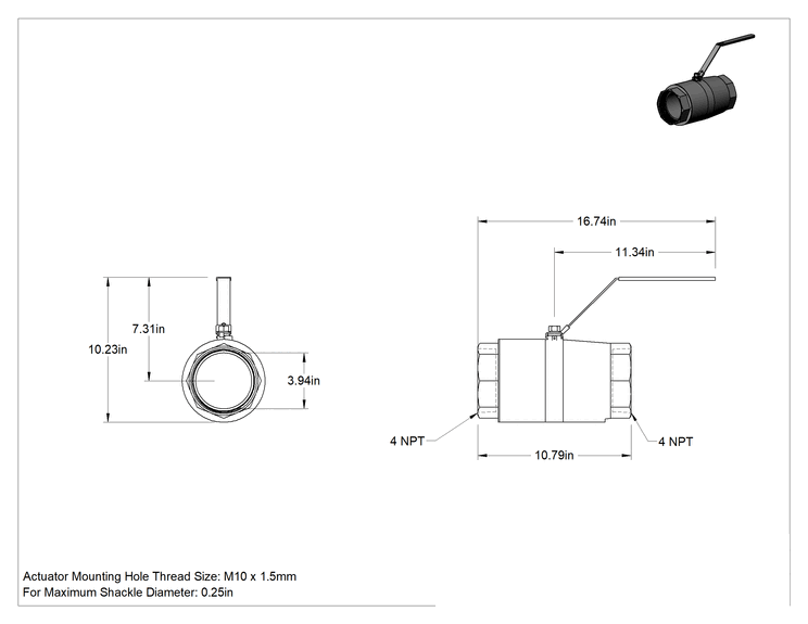 Teknik Çizim - 316 Paslanmaz Çelik Kolay Bakımlı Açma/Kapama Valfi, Kilitlenebilir Tutamaklı, PTFE Conta, 4 NPT Dişi