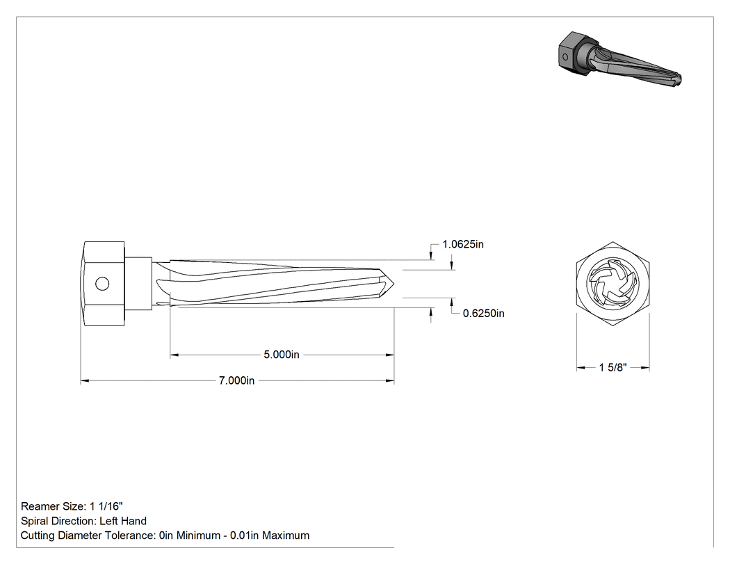 Teknik Çizim - Delik Hizalama için Altıgen Şaftlı Rayba, Spiral Yiv, 1.0625" x 0.625" Rayba Çapı, Güçlü Tutuş