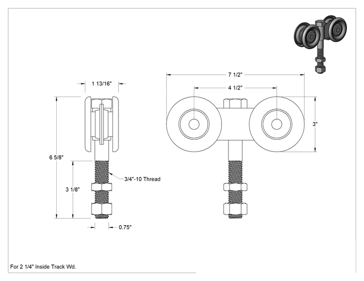 Teknik Çizim - Kapılar için Makaralı Ray için Cıvatalı Askı, Çinko Kaplı Demir, Çinko Kaplı Çelik, 2-1/4" iç ray genişliği için, 6-5/8" Yükseklik