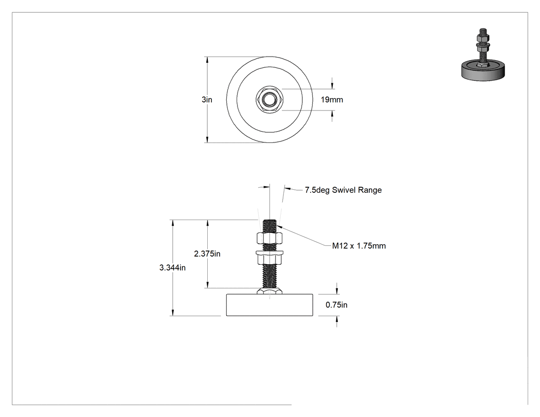 Teknik Çizim - Şok Emici Döner Seviyeleme Montajı, Yuvarlak, M12 x 1.75 mm Dişli Saplama, 1000 lbs. Kapasite