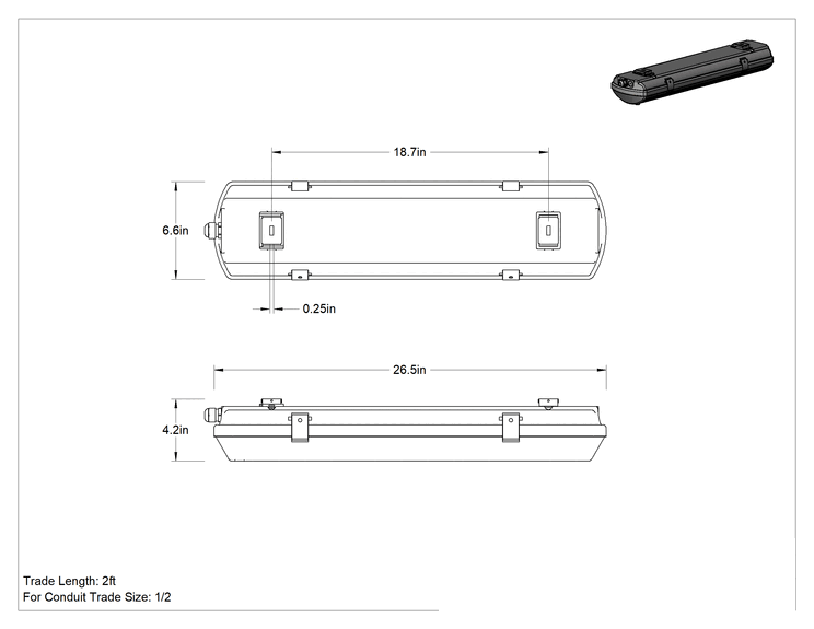 Teknik Çizim - Dahili LED'li Yıkanabilir Tavan Işığı, ABD'de Üretilmiştir 26.5" Toplam Uzunluk, 4300 lümen