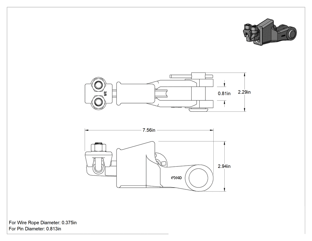 Teknik Çizim - Kama Kilitli Tel Halat Uç Bağlantısı, 3/8" Halat Çapı için - Kaldırma için
