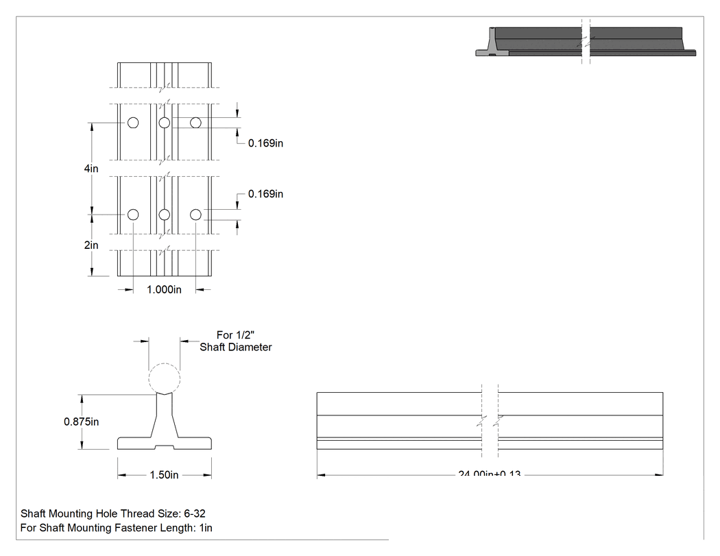 Teknik Çizim - 6061 Alüminyum Lineer Mil Destek Rayı, 1/2" Çaplı Şaftlar için, 24 inç Uzunluk