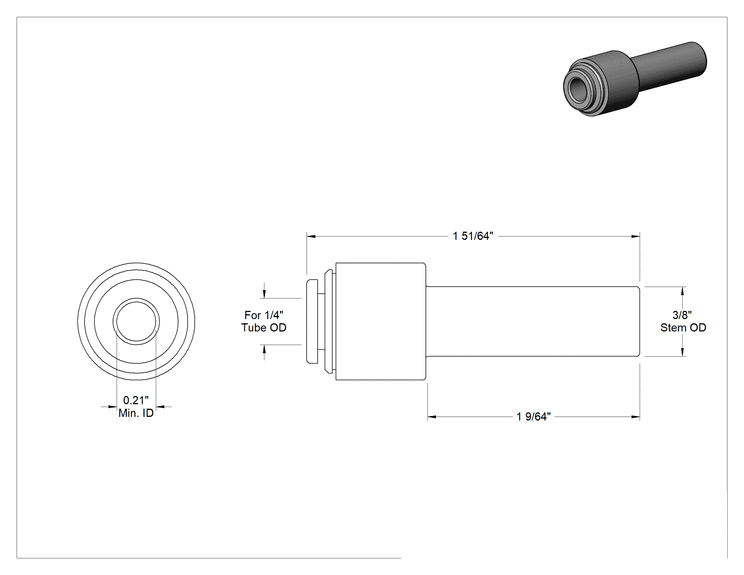 Teknik Çizim - Gıda ve İçecek için İt-Bağlantı Elemanı, Adaptör, 3/8" Boru Gövde Dış Çapı, 1/4" Boru Dış Çapı için, Siyah
