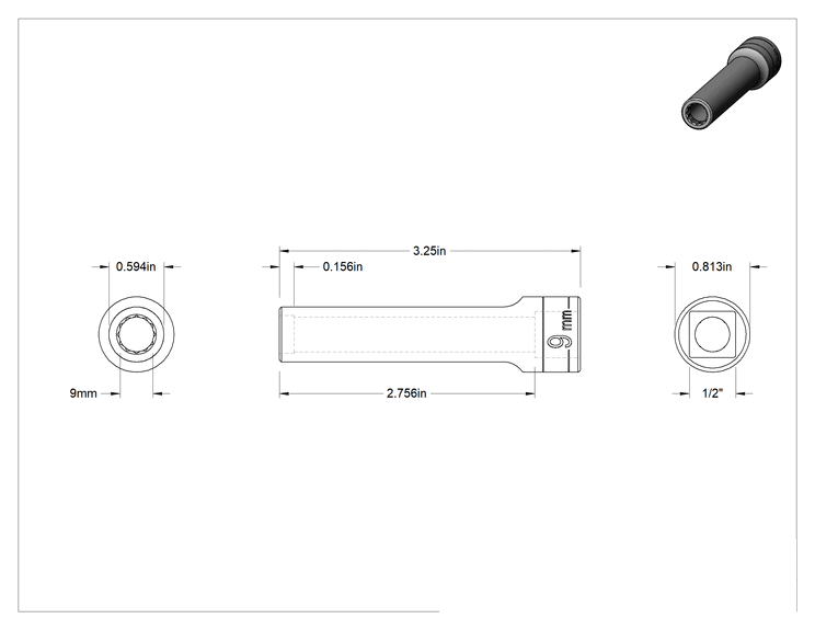 Teknik Çizim - 12 Uçlu Krom Kaplama Soket, Derin, 1/2" Kare Tahrik, 9 mm Boyut