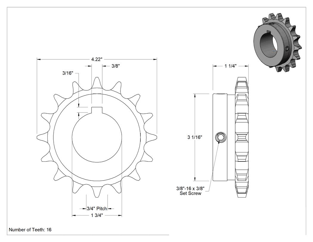 Teknik Çizim - Çelik Tek Sıralı Dişli, ANSI 60 Makaralı Zincir ve 1-3/4" Mil Çapı için, 16 Diş