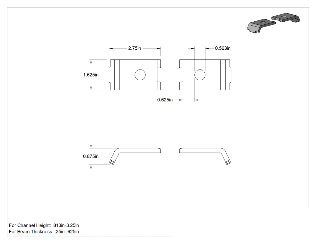 Teknik Çizim - Kiriş Kelepçesi, 13/16" ila 3-1/4" Yükseklikli Dikme Kanalı için, 304 Paslanmaz Çelik