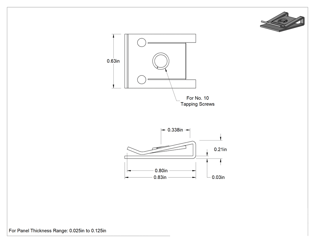 Teknik Çizim - Siyah Fosfat Çelik Yüksek Kavramalı Klipsli Somun, 10 Numaralı Kılavuzlu Vida için, 0.025" ila 0.125" Panel Kalınlığı