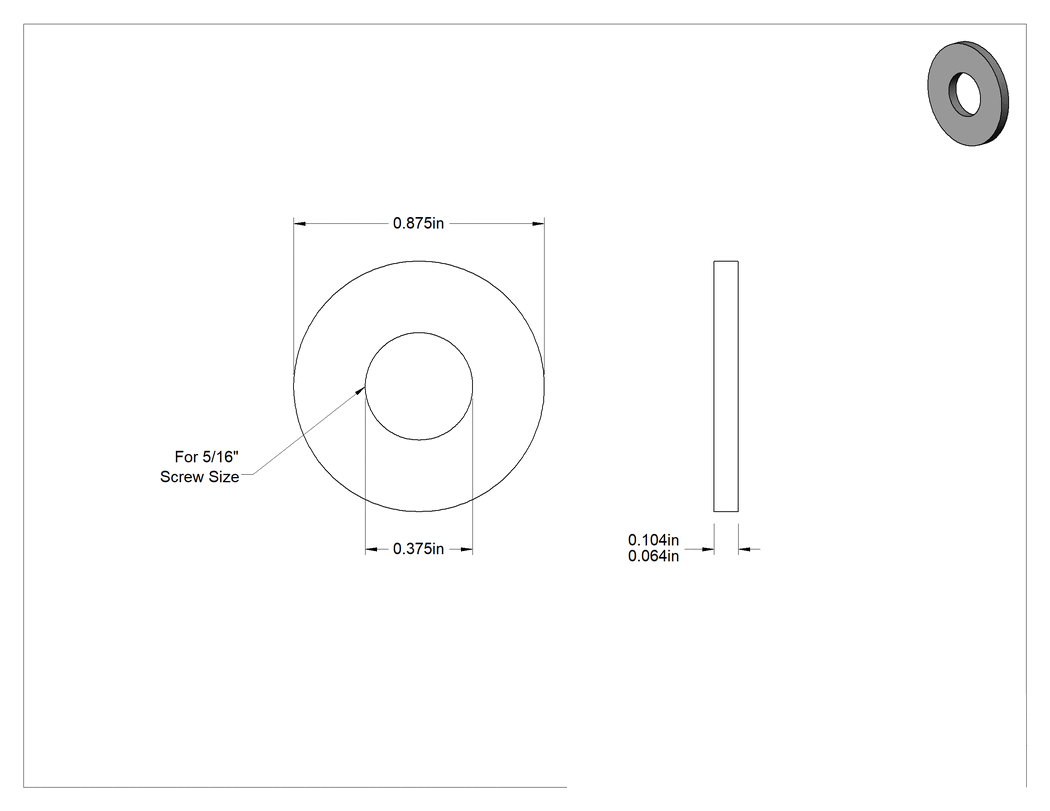 Teknik Çizim - Bakır USS Pullar, 5/16" Vida Boyutu için, 0.375" İç Çap, 0.875" Dış Çap
