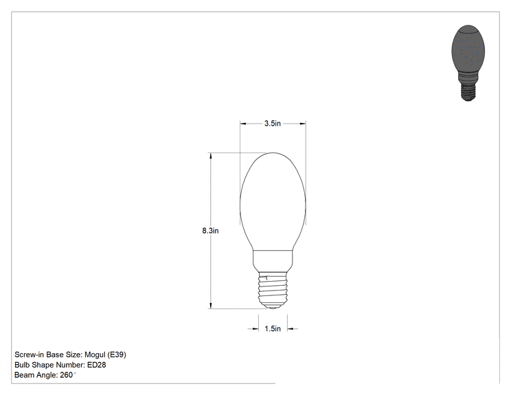 Teknik Çizim - Ampul, Metal Halide, ED28 Konisi, E39 Mogul Tabanı, 250W, 3800K