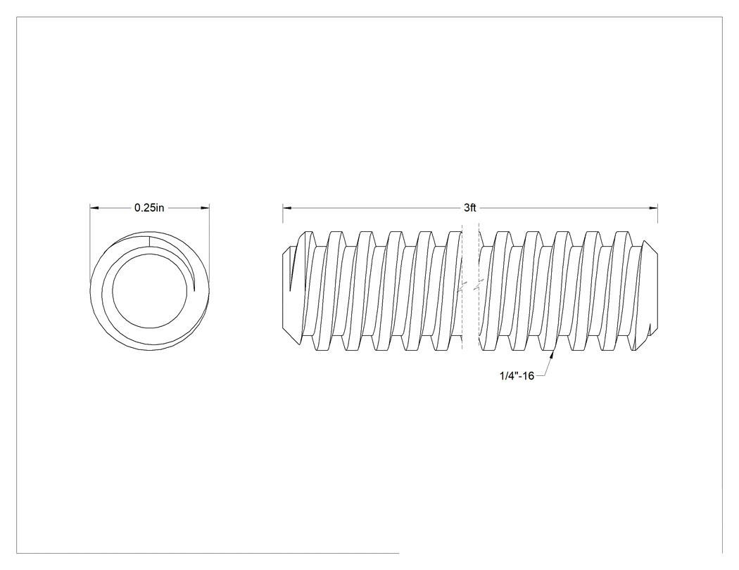 Teknik Çizim - Karbon Çelik Acme Kılavuz Vidası, Sol Yönlü, 1/4"-16 Diş Boyutu, 3 Fit Uzunluk