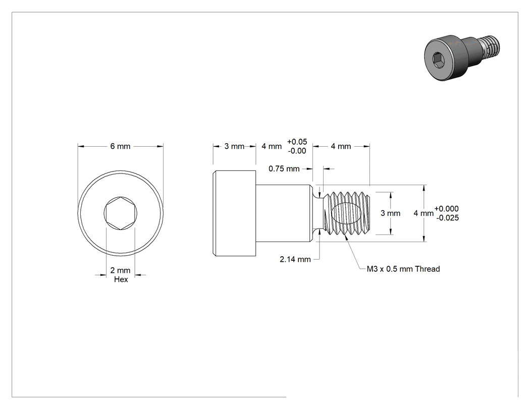 Teknik Çizim - 18-8 Paslanmaz Çelik Diş Kilitlemeli Hassas Omuzlu Vida, 4 mm Omuz Çapı, 4 mm Omuz Uzunluğu, M3 x 0.5 mm Dişli