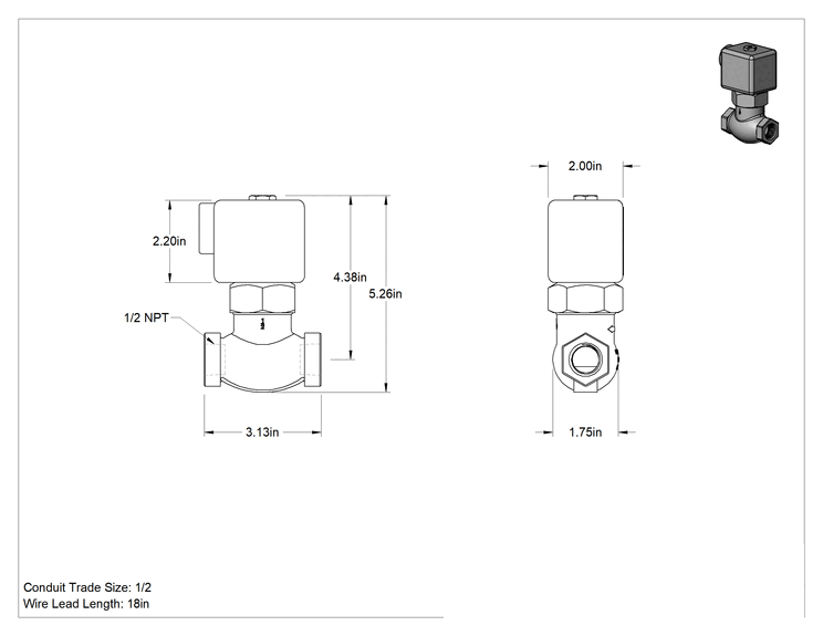 Teknik Çizim - PTFE Contalı 316 Paslanmaz Çelik Solenoid Açma/Kapama Valfi, Soğutucu ve Deterjan için, 1/2 NPT Dişi
