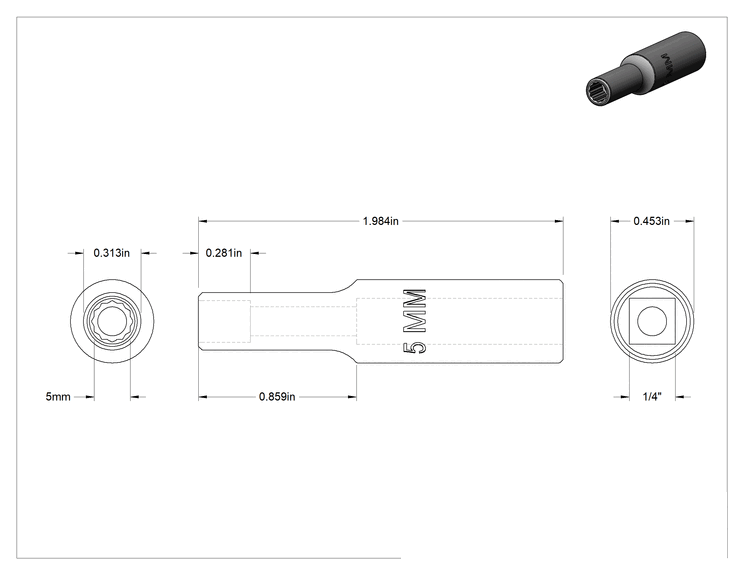 Teknik Çizim - 12-Uçlu Derin Soket, Krom Kaplama, 1/4" Tahrik, 5 mm Boyut