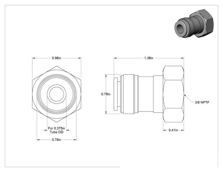 Teknik Çizim - Bas-Bağlantı Elemanı, 3/8" Boru Dış Çapı x 3/8 NPTF Dişi için Düz Adaptör