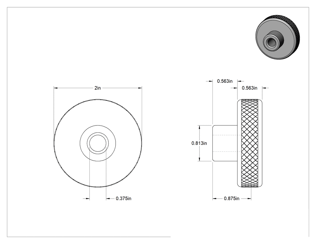 Teknik Çizim - Alüminyum Tırtıllı Tutma Düğmesi, 3/8" Dişsiz Delik Çaplı
