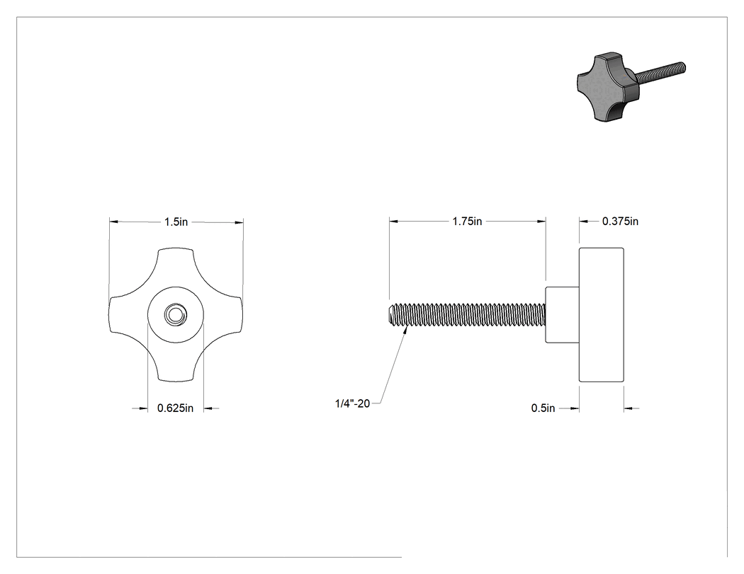 Teknik Çizim - Siyah Oksit Çelik Dört Kollu Topuz, 1/4"-20 Dişli Saplama