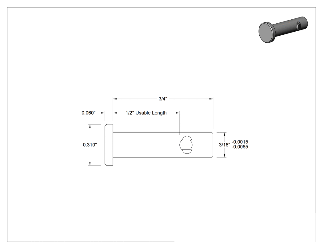 Teknik Çizim - Kama ile Kendiliğinden Kilitlenen Çatal Pim, 18-8 Paslanmaz Çelik, 3/16" Çap, 1/2" Kullanılabilir Uzunluk