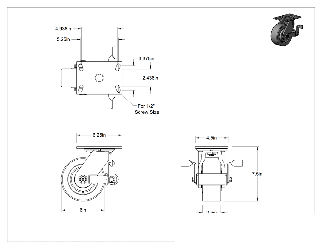 Teknik Çizim - 6-1/4" x 4-1/2" Plakalı Viking Tekerlek, Yüksek Kapasiteli, Frenli Döner Tekerlek ve, 6" Çapında Fenolik Tekerlek