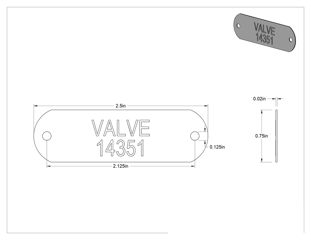 Teknik Çizim - Kabartmalı Mesaj Plakası, Numaralı 304 Paslanmaz Çelik Dikdörtgen, 3/4" Yükseklik, 2-1/2" Genişlik